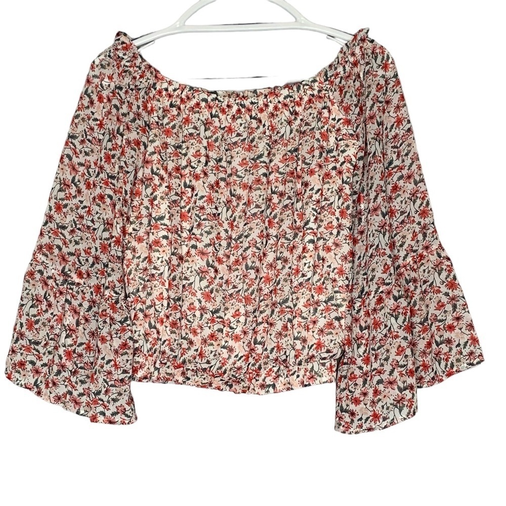 Pink Lily ditsy pink orange floral cropped‎ off shoulder blouse. Size S